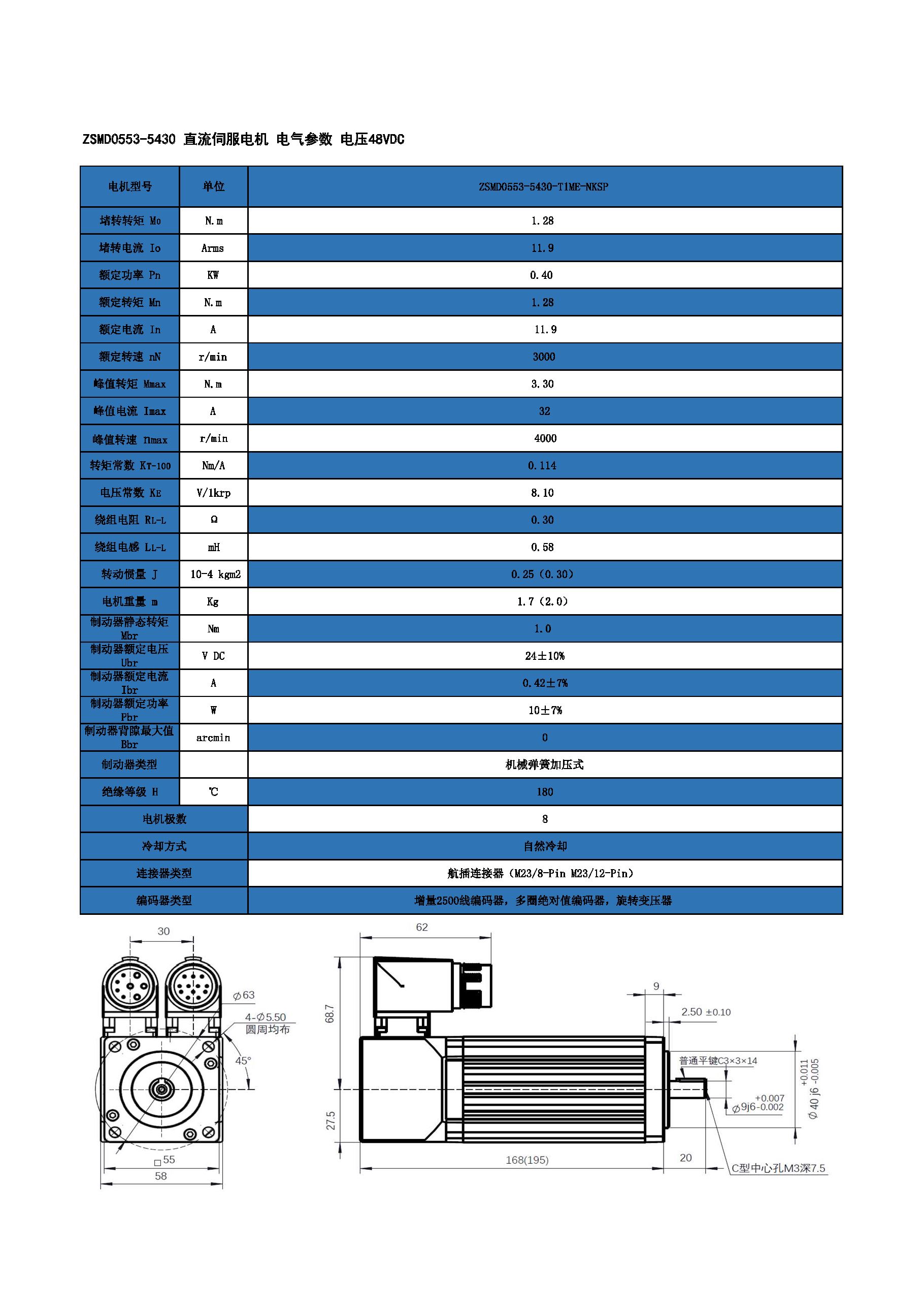 多圈绝对值编码器直流伺服电机 0.40KW 48V ZSMD0553-5430-T1ME-NKSP